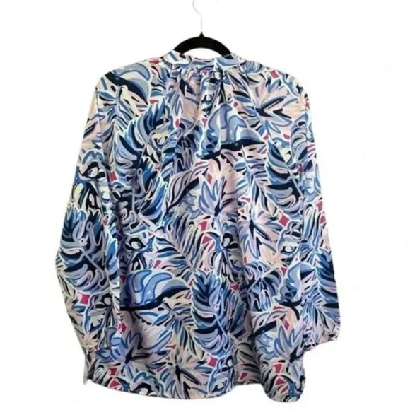 Simply Southern Preppy Floral Blue Long Sleeve Blouse Office MEDIUM - Picture 3 of 3